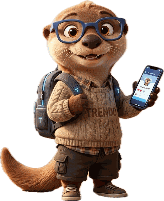 Trendo, la mascota de TRENDO, muestra en su celular una publicación llena de likes